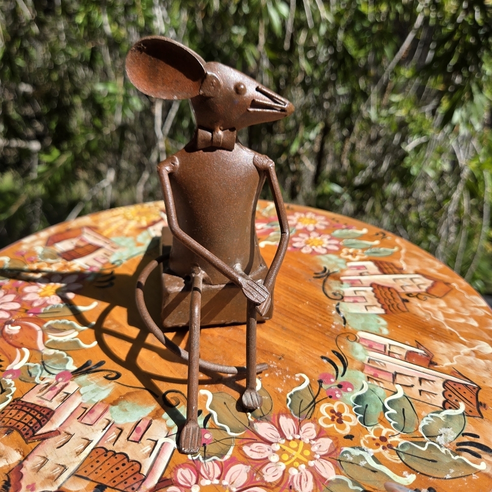 Vintage Industrial Mouse Rat Door Stopper Shelf Sitter Rustic Metal Whimsy Brown